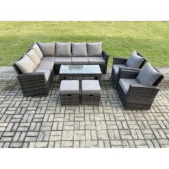 Fimous - 10 Seat Rattan Garden Furniture Corner Sofa Set Outdoor Patio Sofa Chair Table Set with 2 Small Footstools Dark Grey Mixed