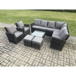 Fimous - 10 Seat Rattan Garden Furniture Corner Sofa Set Outdoor Patio Sofa Table Set with 2 Small Footstools 2 Armchairs Dark Grey Mixed