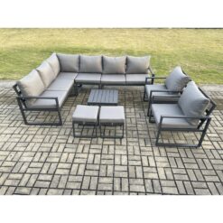 Fimous 10 Seater Aluminium Garden Furniture Set Outdoor Lounge Corner Sofa 2 Pcs Chair Square Coffee Table Sets with 2 Small Footstools Dark Grey