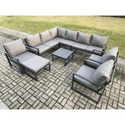 Fimous 10 Seater Aluminium Garden Furniture Set Outdoor Lounge Corner Sofa 3 Pcs Chair Square Coffee Table Sets with Big Footstool Dark Grey