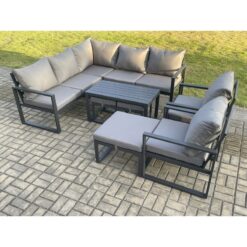 Fimous - 10 Seater Aluminium Outdoor Garden Furniture Set Patio Lounge Sofa with Oblong Coffee Table 3 Footstools Dark Grey