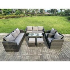 Fimous - 10 Seater Dark Grey pe Wicker Rattan Garden Furniture Set Reclining Chair 3 Seater Lounge Sofa Set Outdoor Rectangular Coffee Table