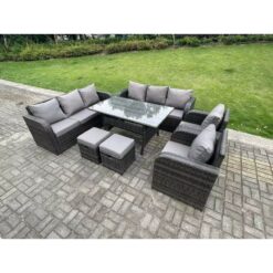 Fimous - 10 Seater Dark Grey pe Wicker Rattan Garden Furniture Set Reclining Chair Lounge 3 Seater Sofa Set Outdoor Rectangular Dining Table Stools