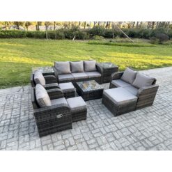 Fimous 10 Seater Garden Furniture Set Rattan Outdoor Lounge Sofa Chair With Tempered Glass Table 3 Footstools 2 Side Tables Dark Grey Mixed