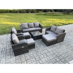 Fimous 10 Seater Garden Furniture Set Rattan Outdoor Lounge Sofa Chair With Tempered Glass Table 3 Footstools Dark Grey Mixed