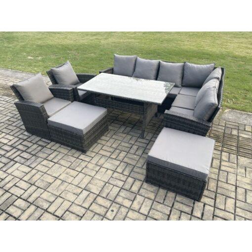 Fimous 10 Seater Garden Rattan Furniture Corner Sofa Dining Table Chair Set with 2 Big Footstool 2 Armchairs Indoor Outdoor Lounge Sofa Set