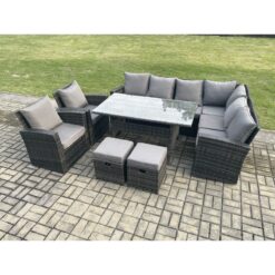 Fimous 10 Seater Garden Rattan Furniture Corner Sofa Dining Table Chairs with 2 Small Footstools Indoor Outdoor Lounge Sofa Set