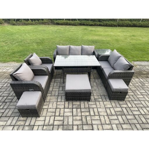 Fimous - 10 Seater Garden Rattan Furniture Dining Table Sofa Set Indoor Outdoor with 2 Reclining Chairs Side Table 3 Footstools Dark Grey Mixed