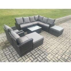 Fimous - 10 Seater High Back Outdoor Garden Furniture Set Rattan Corner Sofa Set With Rectangular Coffee Table 2 Big Footstool 2 Armchairs Dark Grey