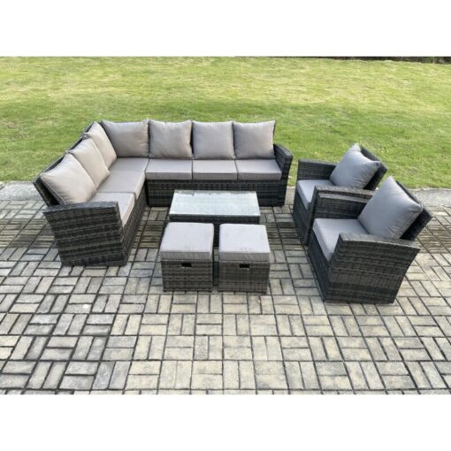 Fimous - 10 Seater High Back Outdoor Garden Furniture Set Rattan Corner Sofa Set With Rectangular Coffee Table 2 Small Footstools 2 Armchairs Dark