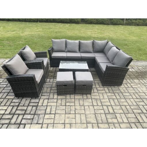 Fimous - 10 Seater High Back Outdoor Garden Furniture Set Rattan Corner Sofa Set With Rectangular Coffee Table 2 Small Footstools Armchairs Dark Grey