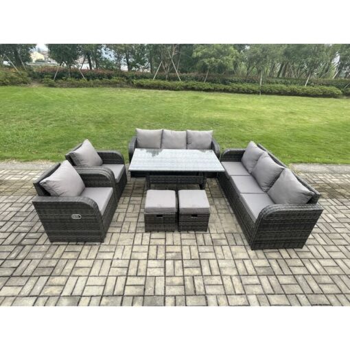 Fimous 10 Seater Lounge Rattan Sofa Set Outdoor Garden Furniture Oblong Rectangular Dining Table With Adjustable Chair 3 Seater Sofa 2 Small