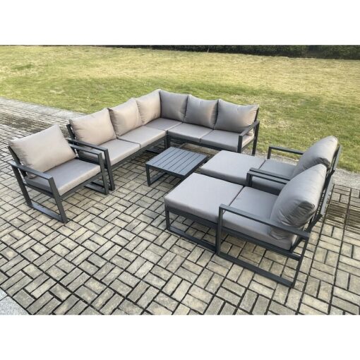 Fimous - 10 Seater Outdoor Aluminium Garden Furniture Set Corner Lounge Sofa Set with Square Coffee Table Chair 2 Big Footstools Dark Grey