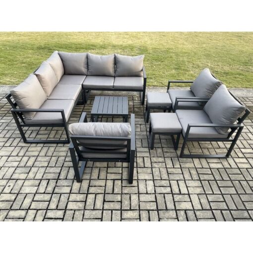 Fimous - 10 Seater Outdoor Aluminium Garden Furniture Set Corner Lounge Sofa Set with Square Coffee Table Chair 2 Small Footstools Dark Grey