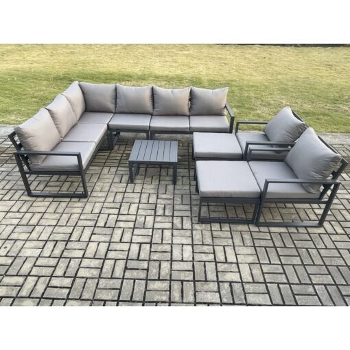 Fimous 10 Seater Outdoor Lounge Corner Sofa Set Aluminum Garden Furniture Sets with Square Coffee Table 2 Chairs 2 Big Footstool Dark Grey