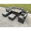 Fimous - 10 Seater Outdoor Rattan Garden Furniture Set Corner Sofa Gas Fire Pit Dining Table Sets Gas Heater with 2 Big Footstool 2 Armchair Dark