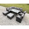 Fimous - 10 Seater Outdoor Rattan Garden Furniture Set with Rectangular Dining Table 2 Big Footstool 2 Armchiars Patio Wicker Corner Sofa Set Dark