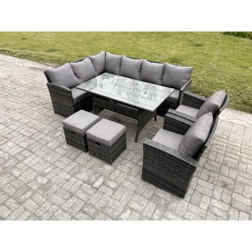 Fimous - 10 Seater Outdoor Rattan Garden Furniture Set with Rectangular Dining Table 2 Small Footstool 2 Armchairs Patio Wicker Corner Sofa Set Dark