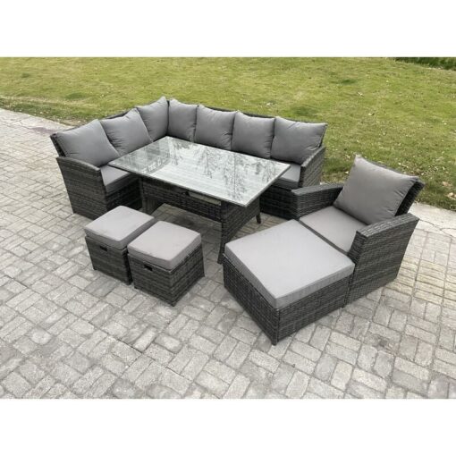 Fimous - 10 Seater Outdoor Rattan Garden Furniture Set with Rectangular Dining Table 3 Footstool Armchiar Patio Wicker Corner Sofa Set Dark Grey Mixed