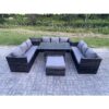 Fimous 10 Seater Outdoor Wicker Garden Furniture Rattan Lounge Sofa Set Patio Rectangular Dining Table with Big Footstool Side Table Dark Grey Mixed