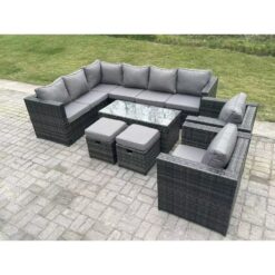 Fimous - 10 Seater Rattan Corner Sofa Lounge Sofa Set With Rectangular Coffee Table 2 Stool Dark Grey Mixed Left Hand