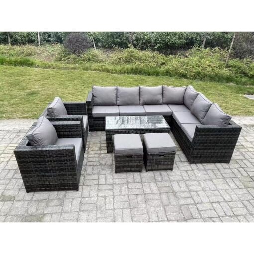 Fimous - 10 Seater Rattan Corner Sofa Lounge Sofa Set With Rectangular Coffee Table 2 Stool Dark Grey Mixed Right Hand