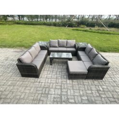 Fimous - 10 Seater Rattan Garden Furniture Set Indoor Outdoor Patio Sofa Set with Coffee Table 2 Side Tables Big Footstool Dark Grey Mixed