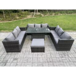 Fimous 10 Seater Rattan Garden Furniture Sofa Set Outdoor Adjustable Rising Lifting Dining Table Set with Big Footstool Dark Grey Mixed