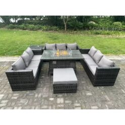 Fimous 10 Seater Rattan Garden Furniture Sofa Set Outdoor Patio Gas Fire Pit Dining Table Gas Heater Burner With Side Table Big Footstool Dark Grey