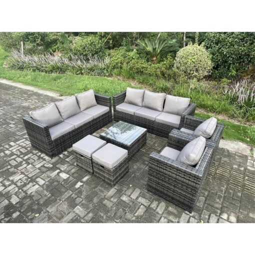 Fimous - 10 Seater Rattan Garden Furniture Sofa Set with 2 Armchairs Square Coffee Table 2 Small Footstools Indoor Side Table Outdoor Rattan Set Dark