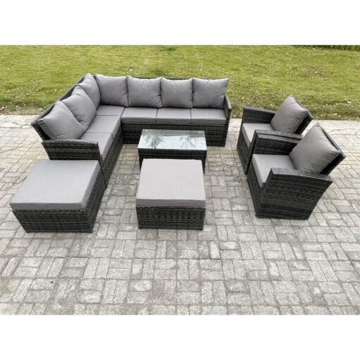 Fimous - 10 Seater Rattan Lounge Corner Sofa Set Wicker pe Outdoor Garden Furniture Set with Coffee Table 2 Big Footstool 2 Armchair Dark Grey Mixed