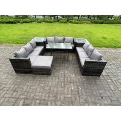 Fimous 10 Seater Wicker PE Rattan Outdoor Furniture Lounge Sofa Garden Dining Set with Dining Table 2 Side Tables Big Footstool Dark Grey Mixed