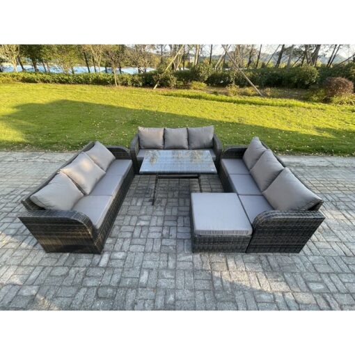 Fimous 10 Seater Wicker Rattan Garden Furniture Set with Rectangular Dining Table Big Footstool Patio Outdoor Lounge Sofa Set