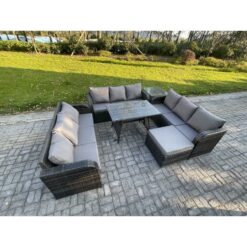 Fimous 10 Seater Wicker Rattan Garden Furniture Set with Rectangular Dining Table Big Footstool Side Table Patio Outdoor Lounge Sofa Set