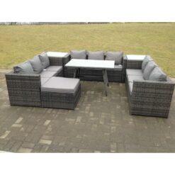 Fimous - 10 Seater u Shape Rattan Sofa Set Outdoor Garden Furniture Patio Dining Table Dark Grey Mixed