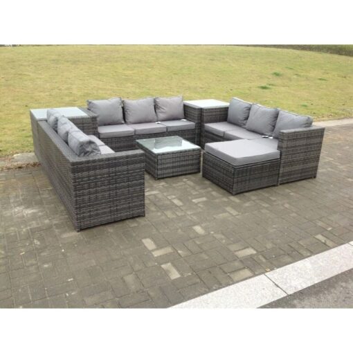 Fimous - 10 Seater u Shape Rattan Sofa Set Outdoor Garden Furniture Patio With 3 Table Dark Grey Mixed