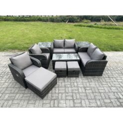 Fimous - 10 pcs Rattan Garden Furniture Set Outdoor Patio Sofa, Table and Chairs Coffee Table 3 Footstools Ideal for Pool Side, Balcony, Outdoor and