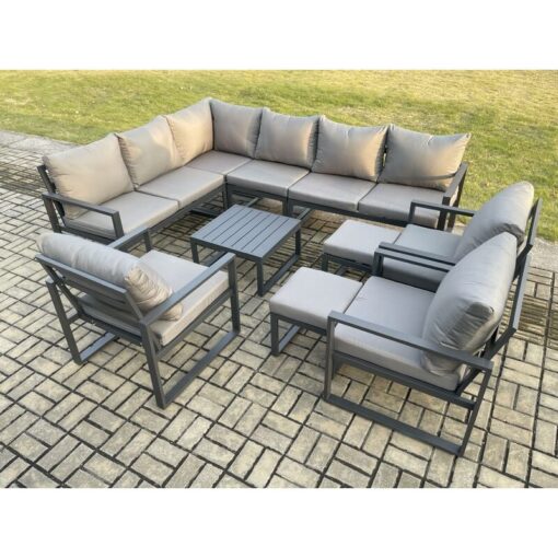 Fimous 11 Seater Aluminium Garden Furniture Set Outdoor Lounge Corner Sofa 3 Pcs Chair Square Coffee Table Sets with 2 Small Footstools Dark Grey