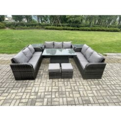 Fimous 11 Seater Garden Dining Sets Outdoor Rattan Furniture Lounge Sofa Height Adjustable Rising lifting Table With 2 Side Tables 2 Small Footstools