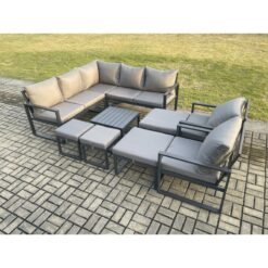 Fimous - 11 Seater Outdoor Aluminium Garden Furniture Set Corner Lounge Sofa Set with Square Coffee Table 2 Pcs Chair Footstools Dark Grey