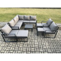 Fimous - 11 Seater Outdoor Aluminium Garden Furniture Set Corner Lounge Sofa Set with Square Coffee Table Chair 3 Footstools Dark Grey