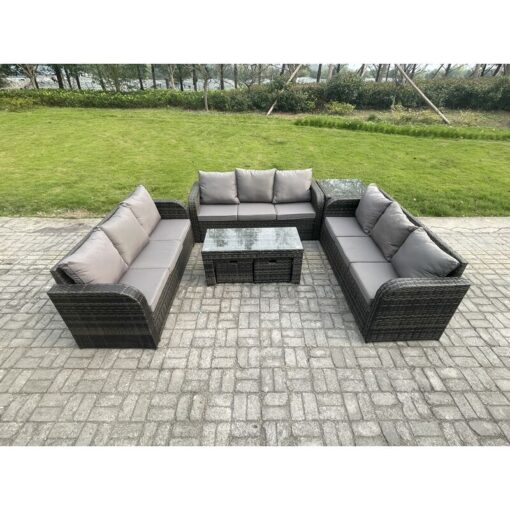 Fimous 11 Seater Outdoor Lounge Sofa Set Rattan Garden Furniture Set with Rectangular Coffee Table Side Table 2 Small Footstools 3 Seater Sofa Dark