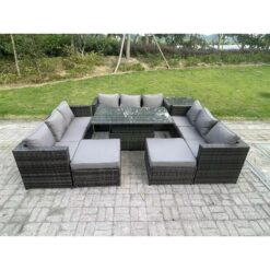 Fimous 11 Seater Outdoor Rattan Garden Furniture Sofa Set Patio Adjustable Rising Lifting Dining Table Set with Side Table 2 Big Footstools Dark Grey