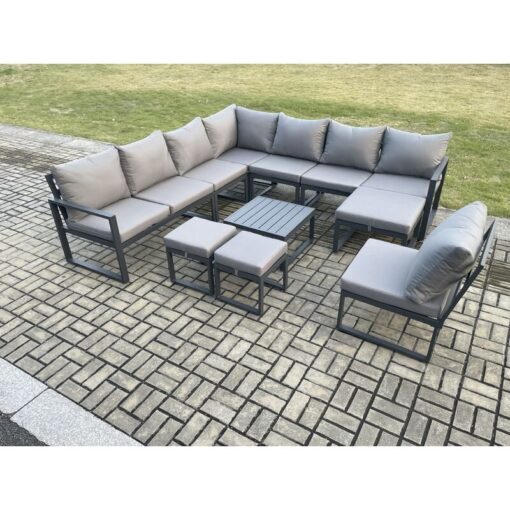 Fimous - 11 Seater Patio Outdoor Garden Furniture Aluminium Lounge Corner Sofa Set with Square Coffee Table 3 Footstools Dark Grey