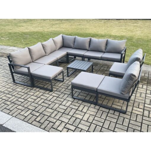 Fimous - 11 Seater Patio Outdoor Garden Furniture Aluminium Lounge Corner Sofa Set with Square Coffee Table with 2 Big Footstools Dark Grey