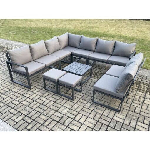 Fimous - 11 Seater Patio Outdoor Garden Furniture Aluminium Lounge Corner Sofa Set with Square Coffee Table with 2 Small Footstools Dark Grey