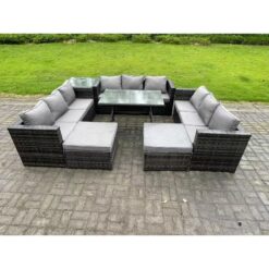 Fimous 11 Seater Rattan Outdoor Furniture Lounge Sofa Garden Dining Set with Dining Table Side Table 2 Big Footstools Dark Grey Mixed