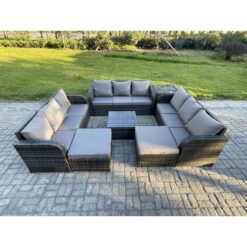 Fimous 11 Seater Rattan Outdoor Furniture Set Patio Garden Sofa Set with Square Coffee Table 3 Seater Sofa 2 Big Footstool Side Table Dark Grey Mixed