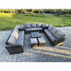 Fimous 11 Seater Rattan Outdoor Furniture Set Patio Garden Sofa Set with Square Coffee Table 3 Seater Sofa 2 Small Footstools 2 Side Tables Dark Grey