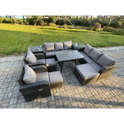 Fimous 11 Seater Rattan Outdoor Garden Furniture Sofa Set Patio Table & Chairs Set with 3 Seater Sofa Rectangular Dining Table 3 Footstool 2 Side